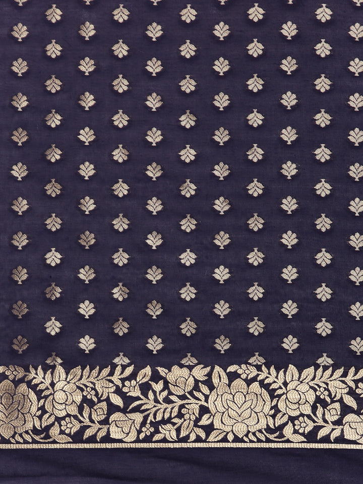 Neerus Navy Blue Gold-Toned Silk Cotton Woven Design Saree