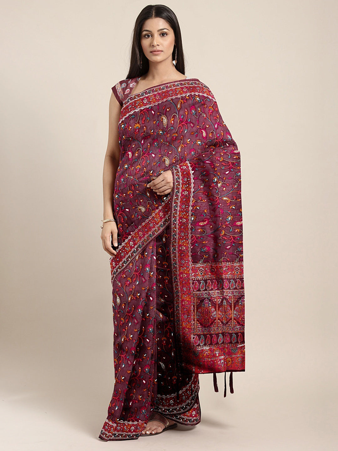 Neeru's Maroon Color Banaras Fabric Saree