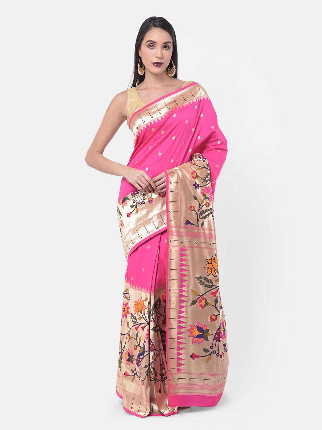 Neerus Pink printed saree with blouse piece - front view