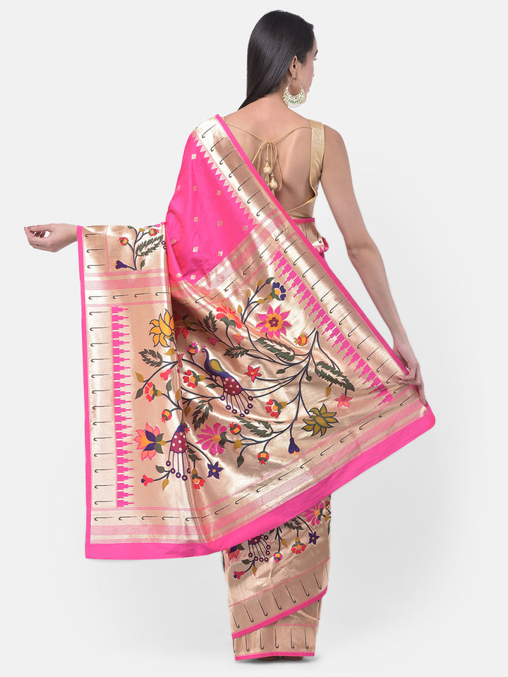 Neerus Pink printed saree with blouse piece - back view
