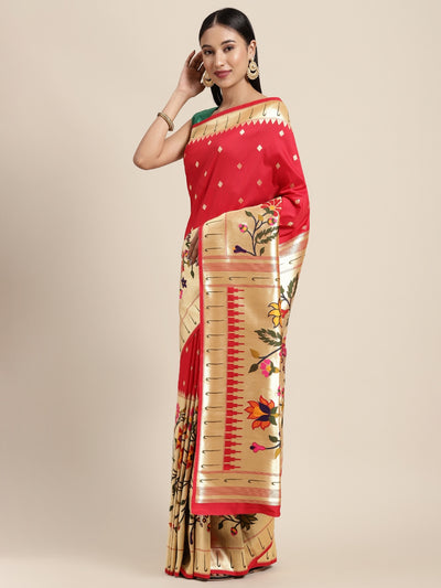 Neeru's red color, banaras fabric saree