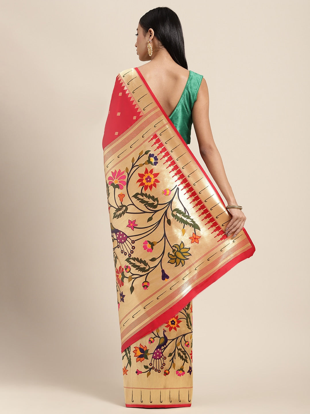 Neeru's red color, banaras fabric saree