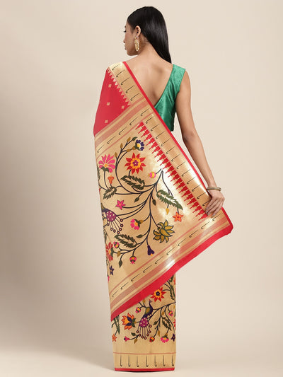 Neeru's red color, banaras fabric saree
