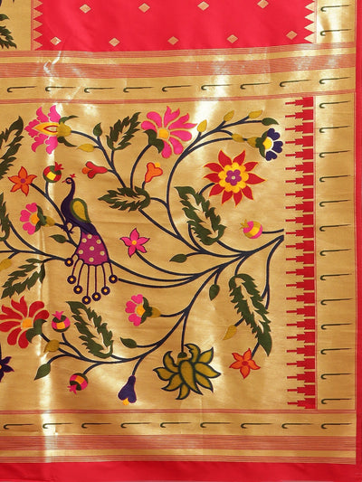 Neeru's red color, banaras fabric saree
