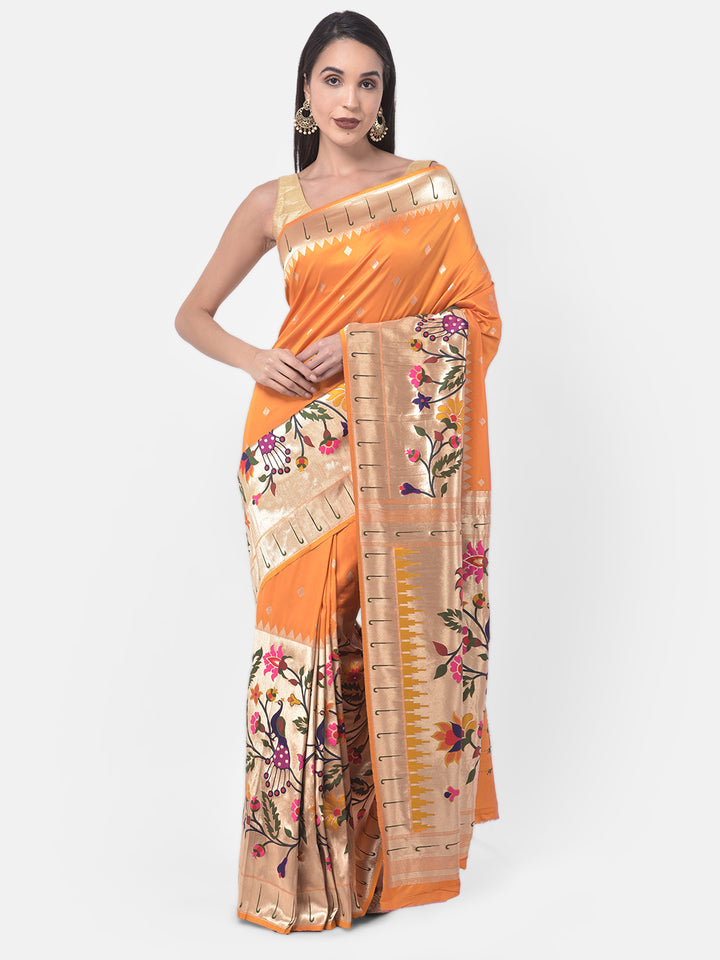 Neerus Orange georgette printed saree with blouse - front view