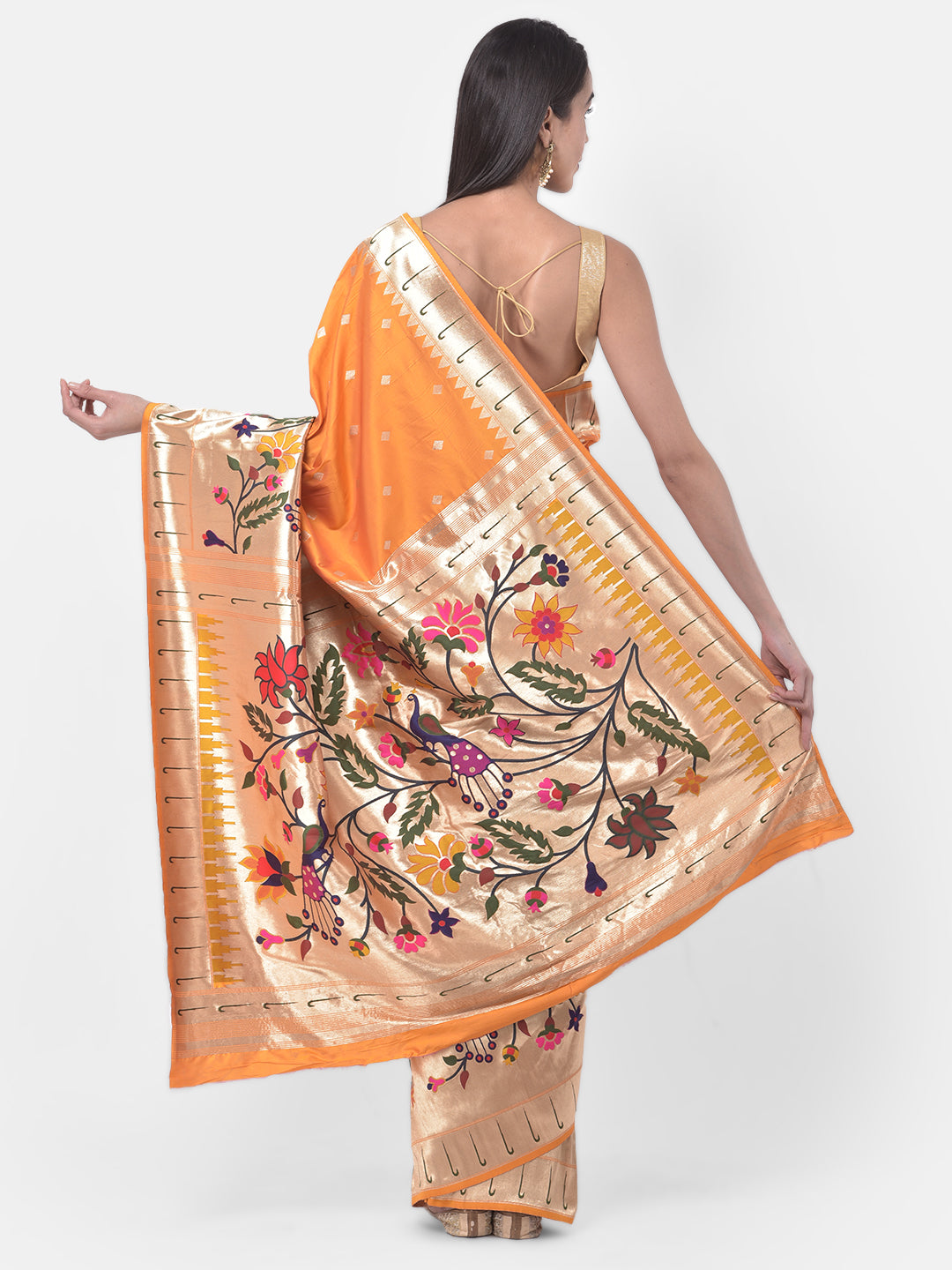 Neerus Orange georgette printed saree with blouse - back view