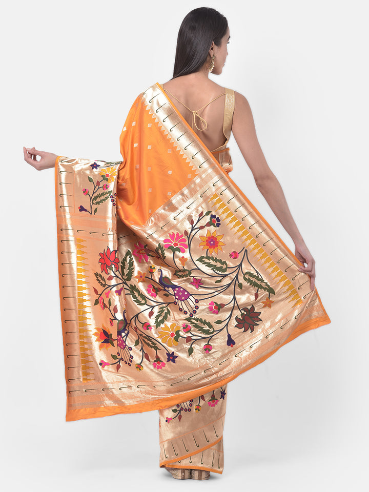 Neerus Orange georgette printed saree with blouse - back view