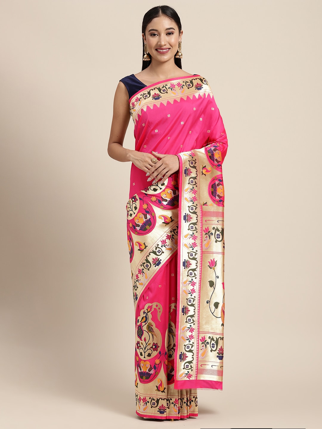 Neerus Pink Banarasi woven saree - front view