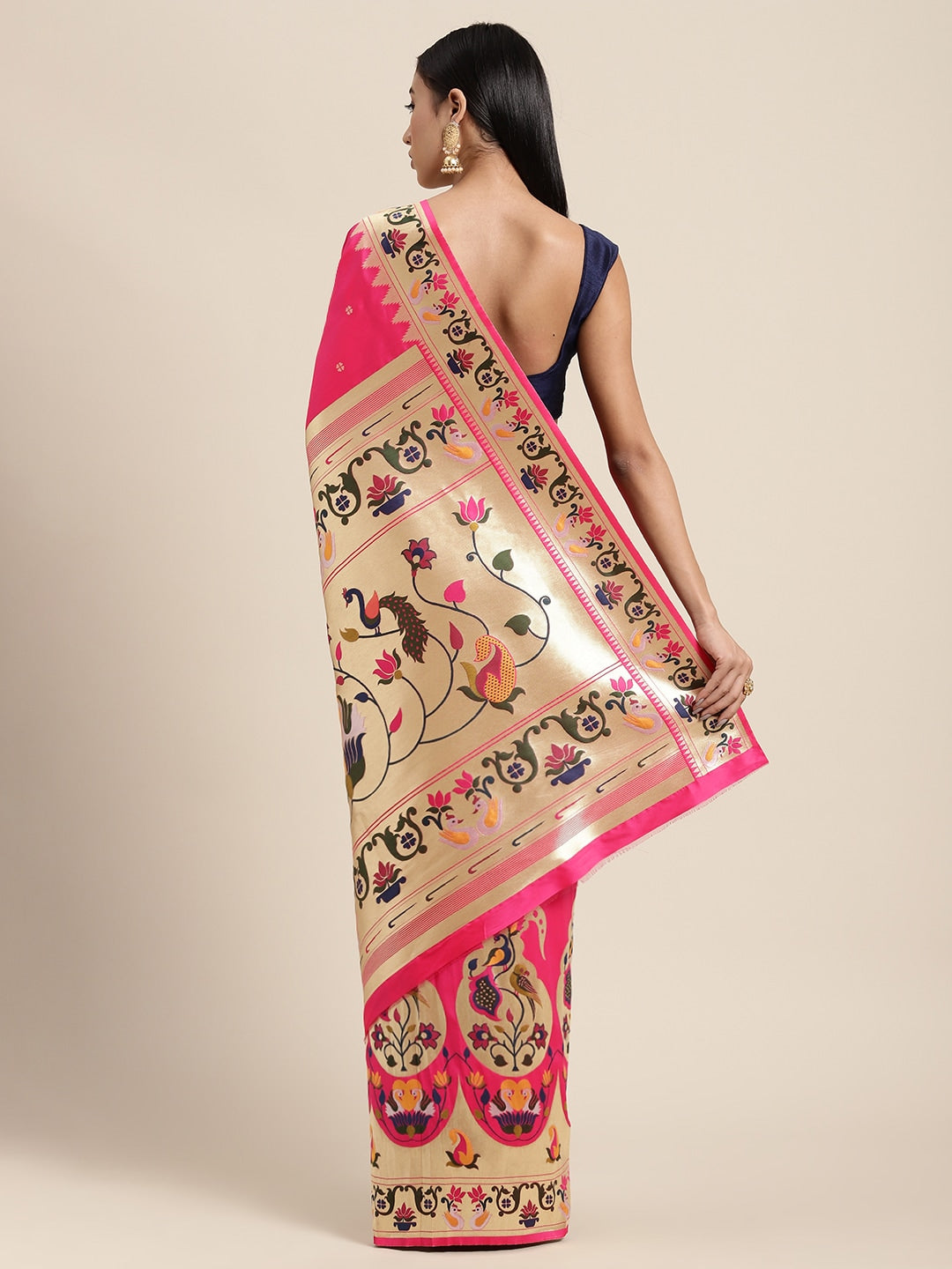 Neerus Pink Banarasi woven saree - back view