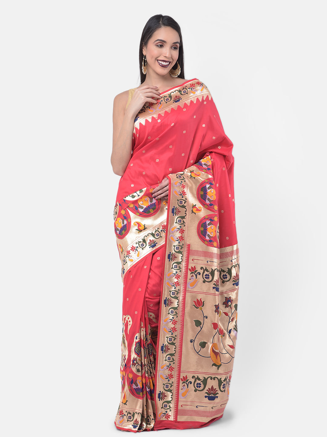 Neerus Pink Banarasi printed saree with blouse - front view