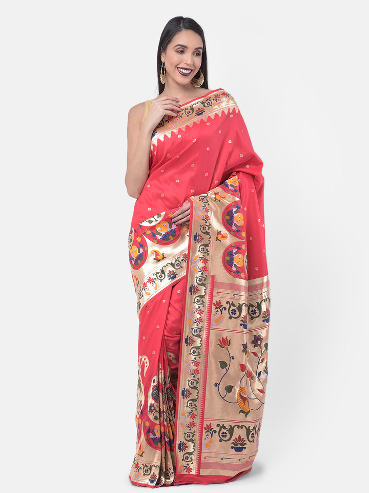 Neerus Pink Banarasi printed saree with blouse - front view