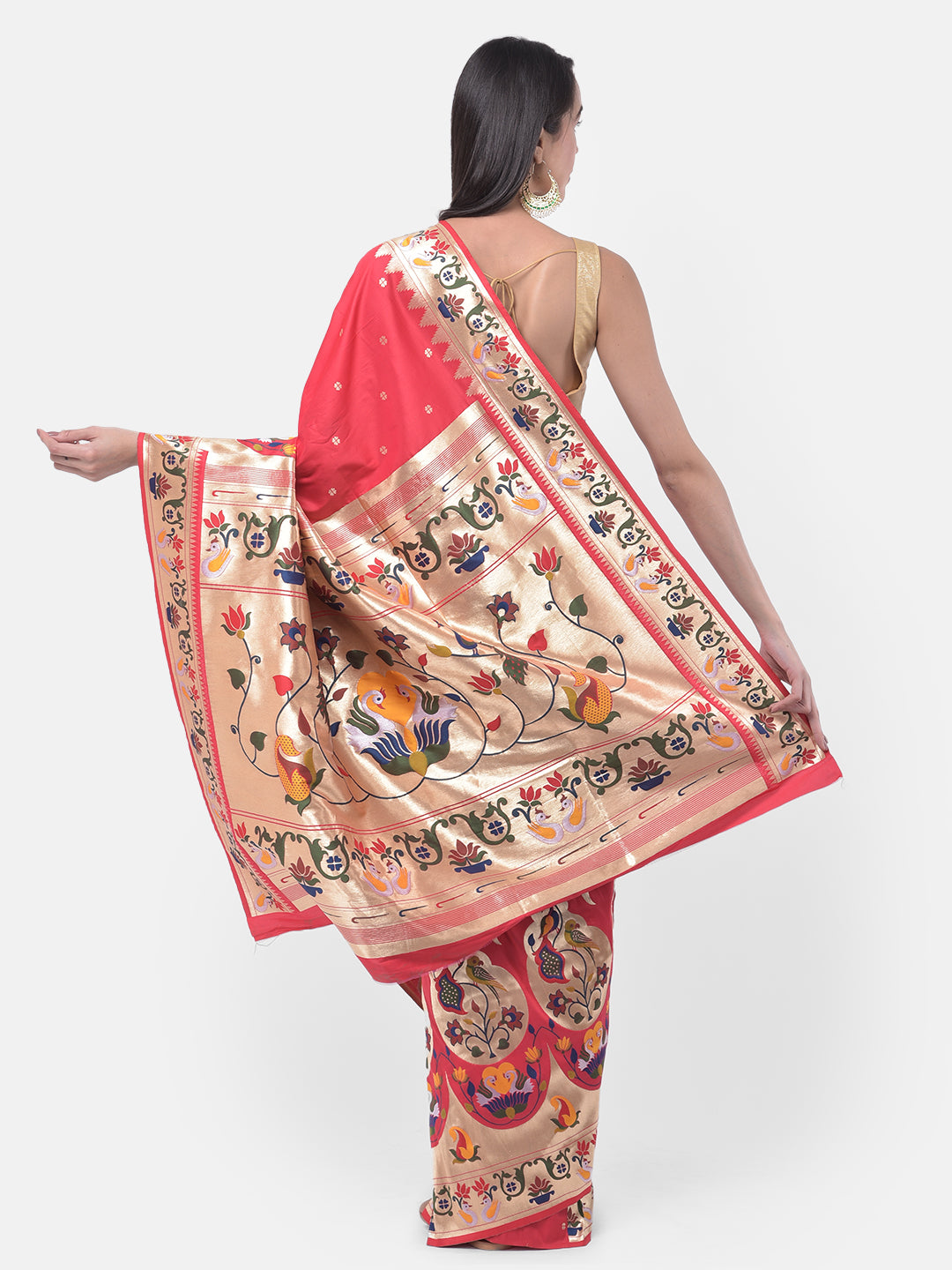 Neerus Pink Banarasi printed saree with blouse - back view