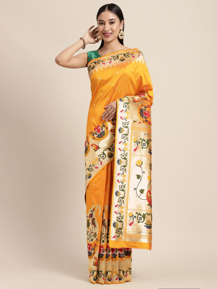 Neerus Yellow Banarasi woven saree - front view