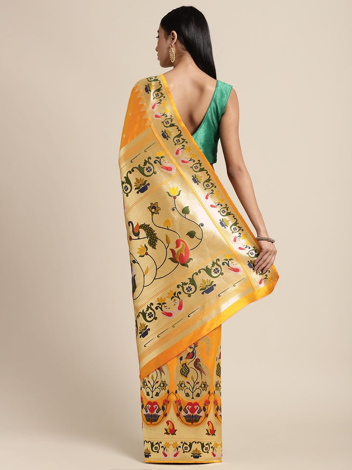 Neerus Yellow Banarasi woven saree - back view