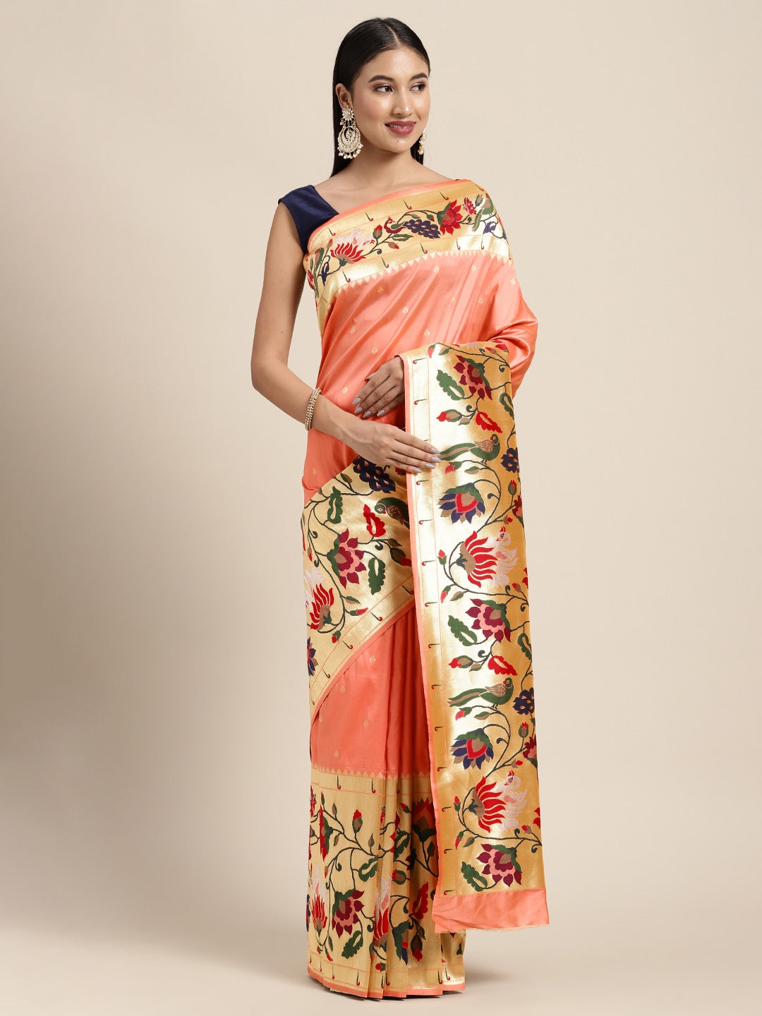 Neerus Orange Banarasi woven saree - front view