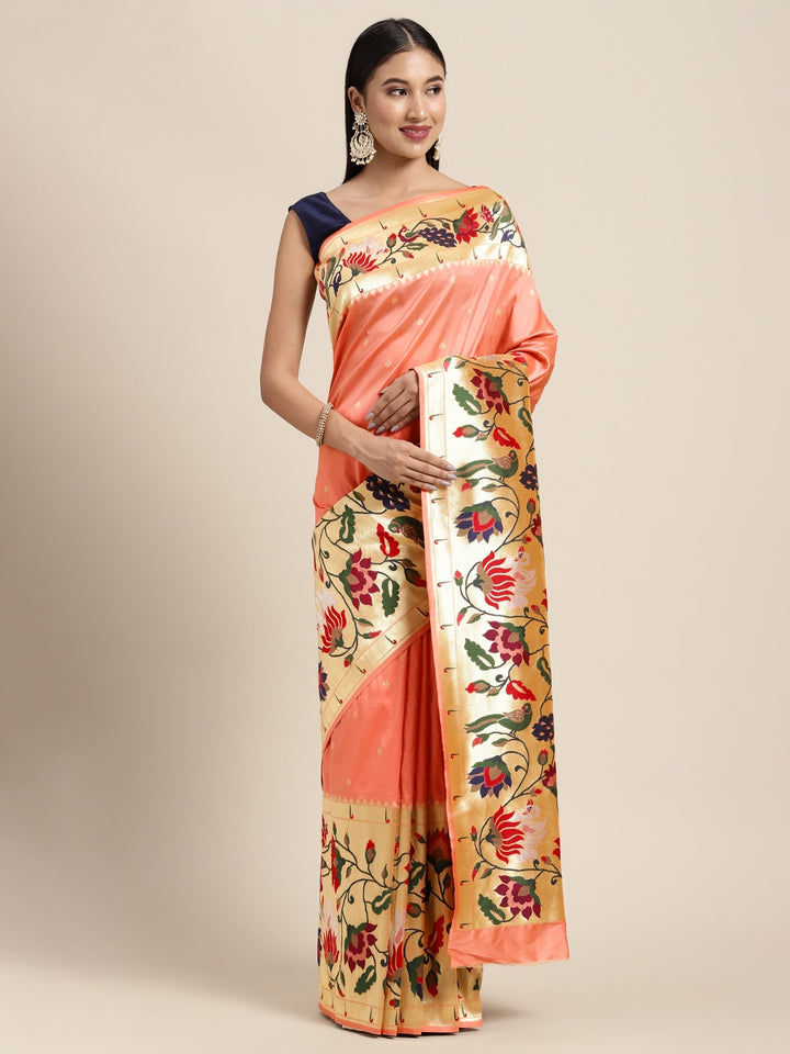 Neerus Orange Banarasi woven saree - front view