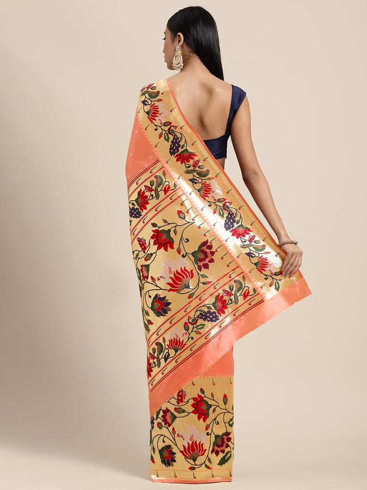 Neerus Orange Banarasi woven saree - back view