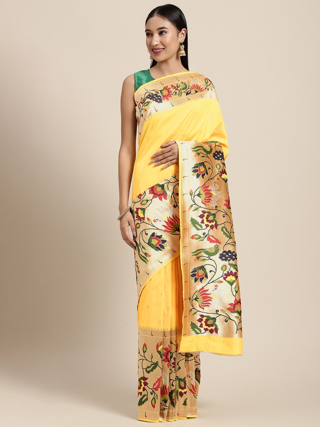 Neeru's yellow color, banaras fabric saree