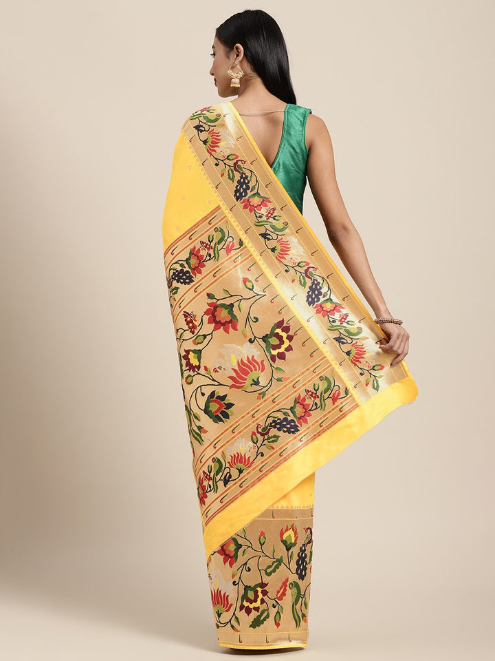 Neerus Yellow Banarasi woven saree - back view