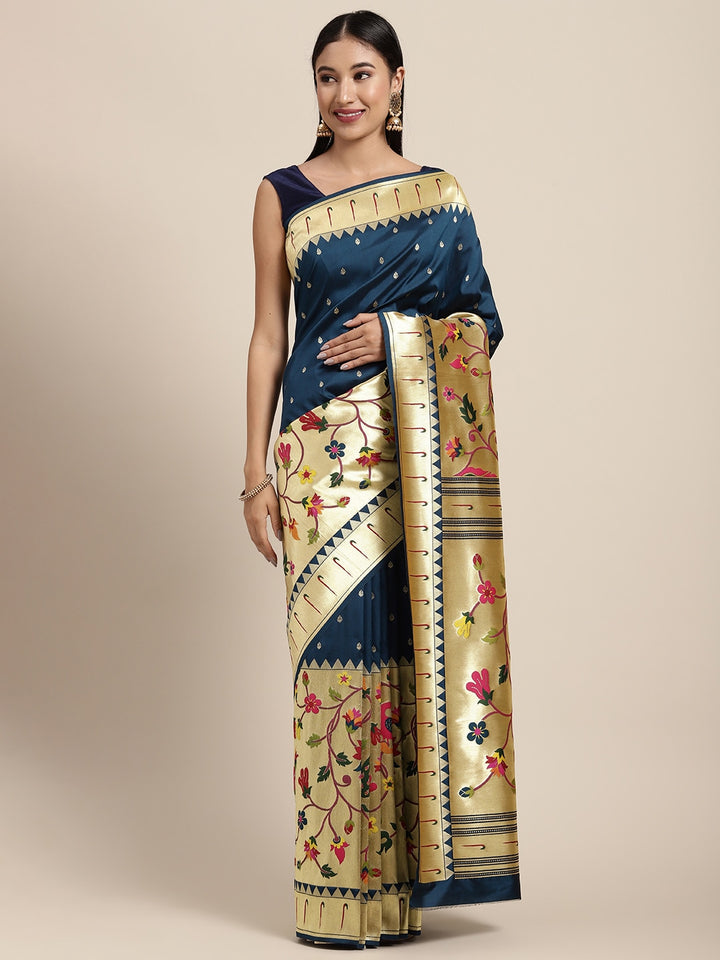 Neerus Blue Banarasi woven saree - front view