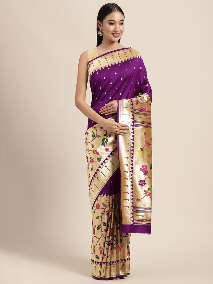 Neerus Purple Banarasi woven saree - front view