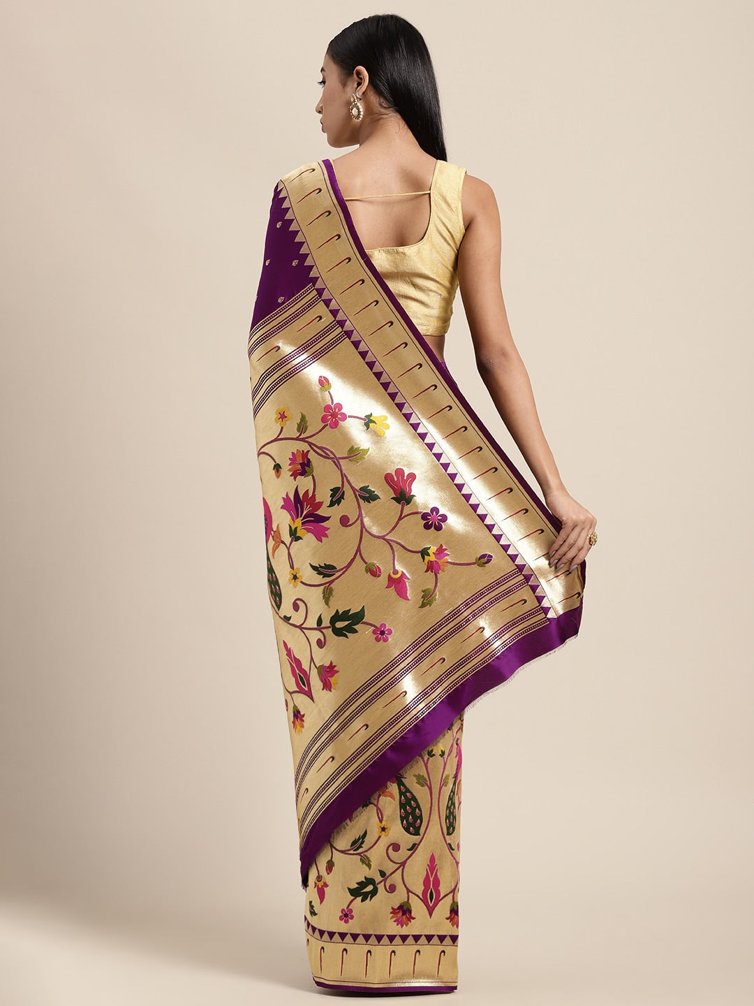 Neerus Purple Banarasi woven saree - back view