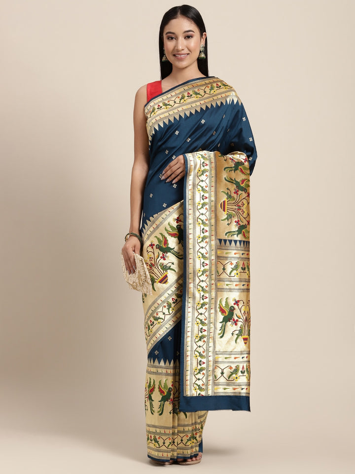 Neerus Blue Banarasi woven saree - front view