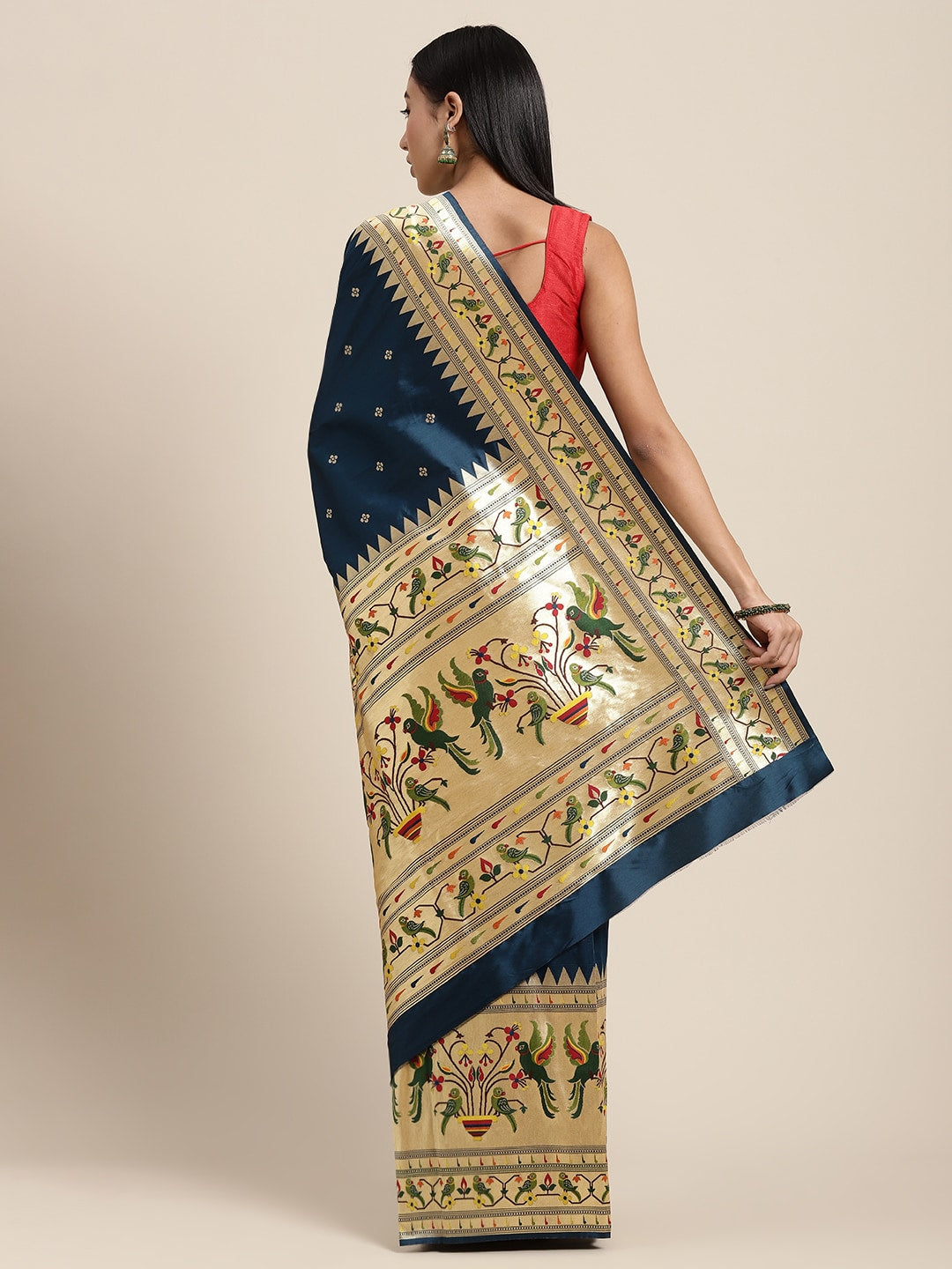 Neerus Blue Banarasi woven saree - back view