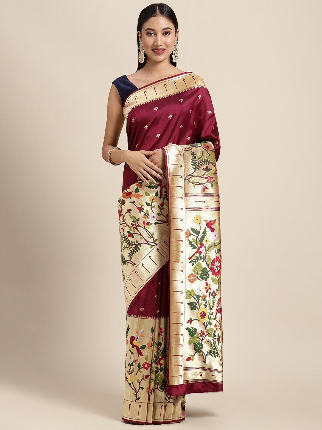 Neeru's Wine Color Banaras Fabric Saree