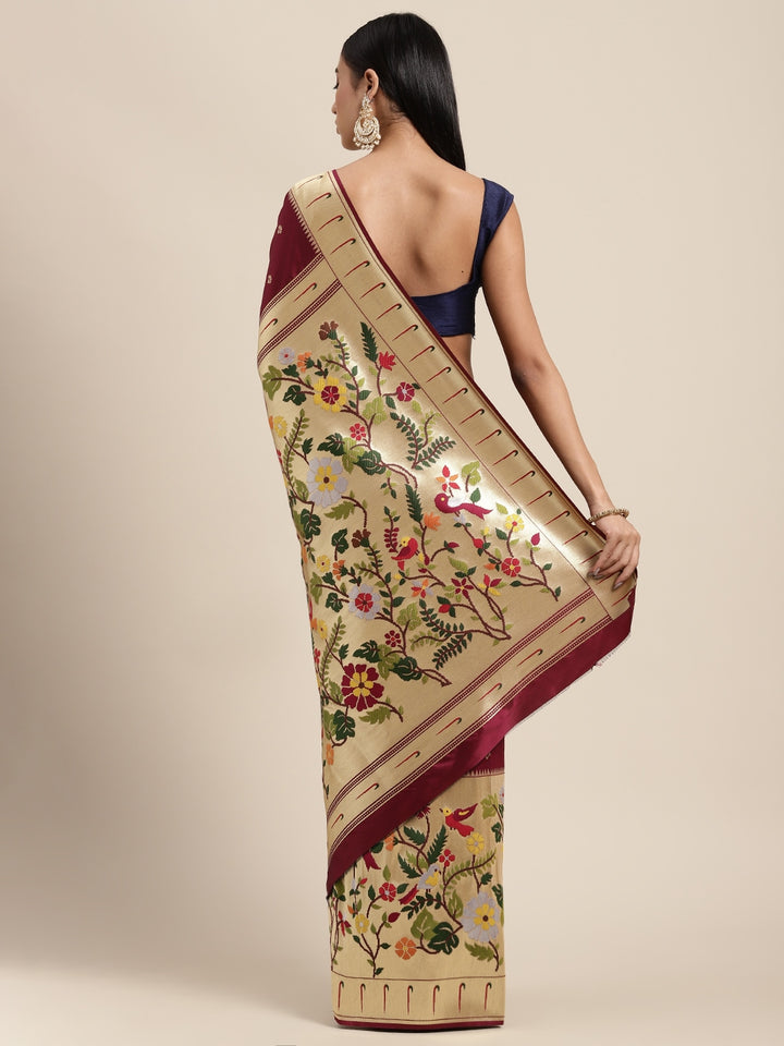 Neerus Wine Color Banaras Fabric Saree