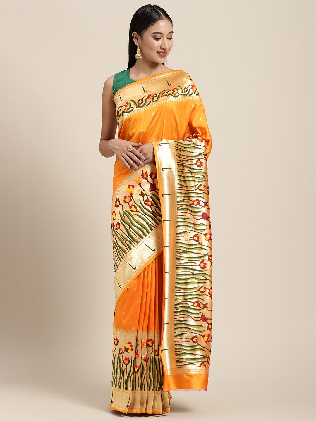 Neerus Mustard Color Banaras Fabric Saree
