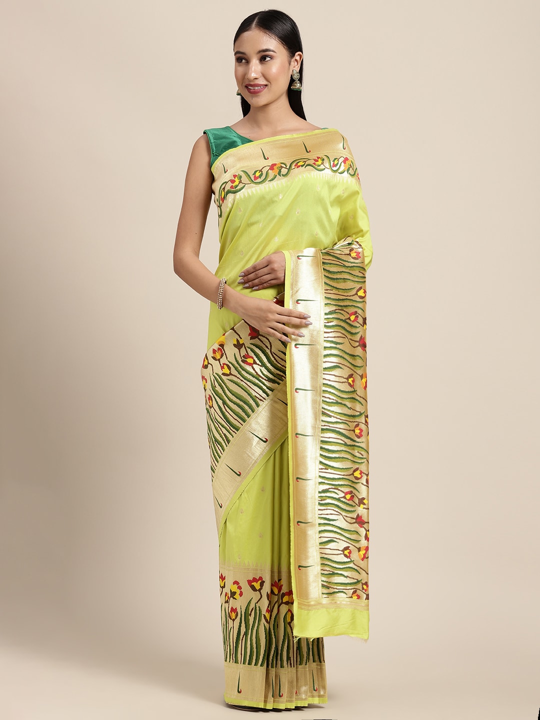 Neerus Pista Green Color Banaras Fabric Saree