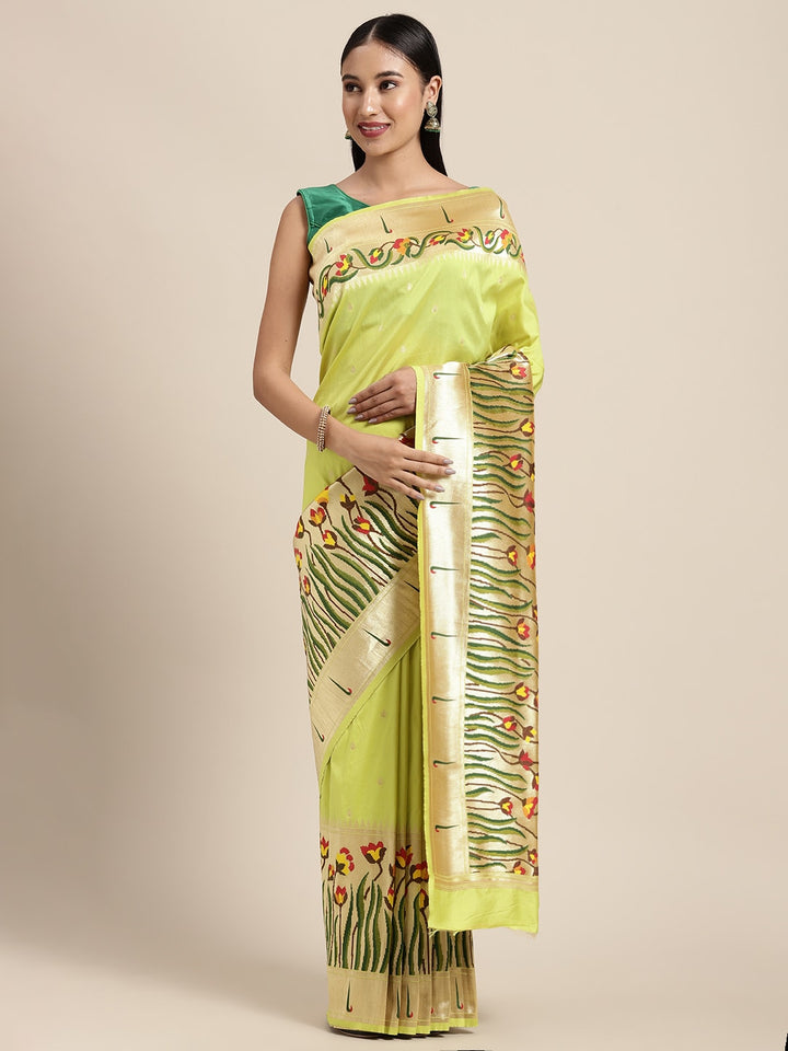 Neerus Pista Green Color Banaras Fabric Saree