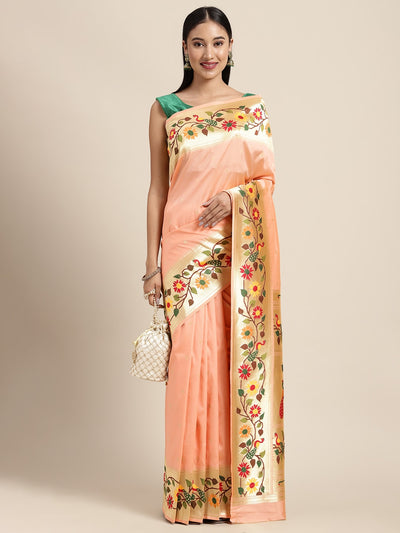 Neeru's peach color, banaras fabric saree