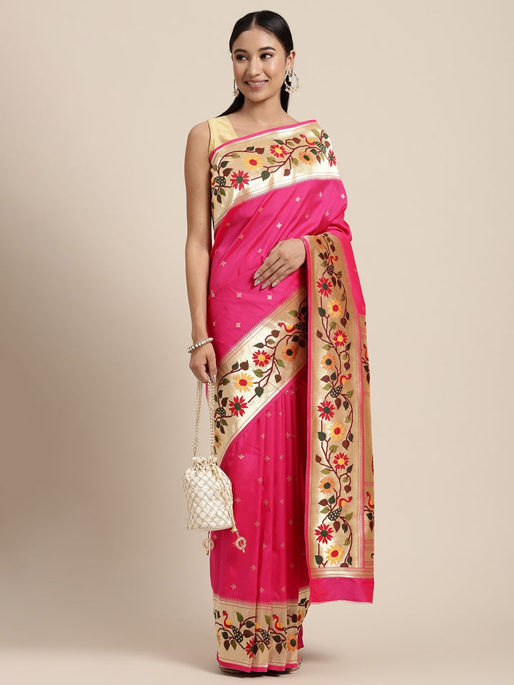 Neerus Pink Banarasi woven saree - front view