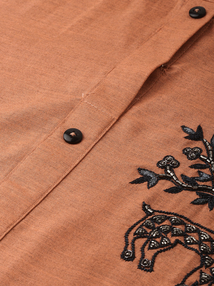 Neerus Orange rayon embroidered straight kurti - back view