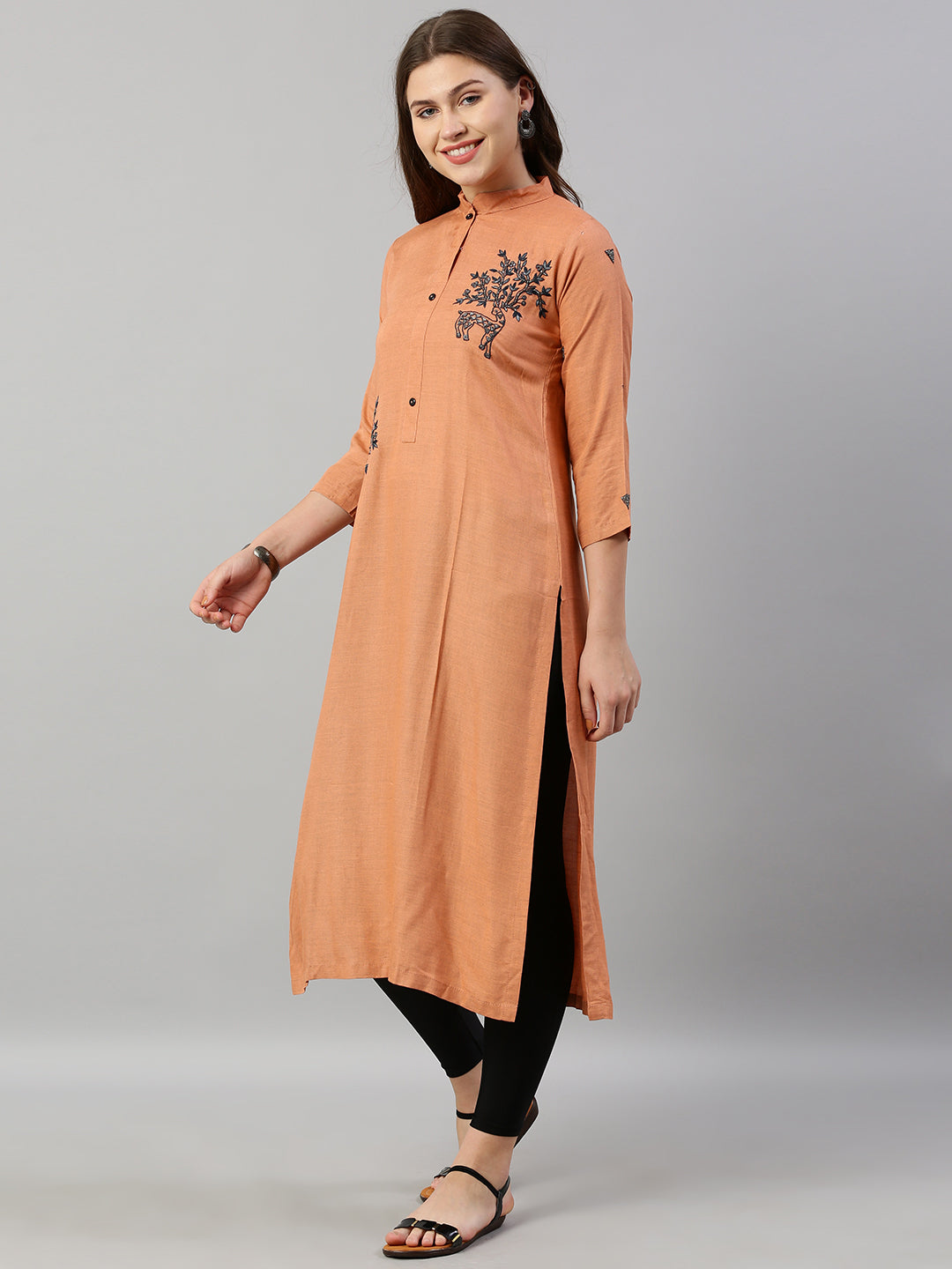 Neerus Orange rayon embroidered straight kurti - detail view 1