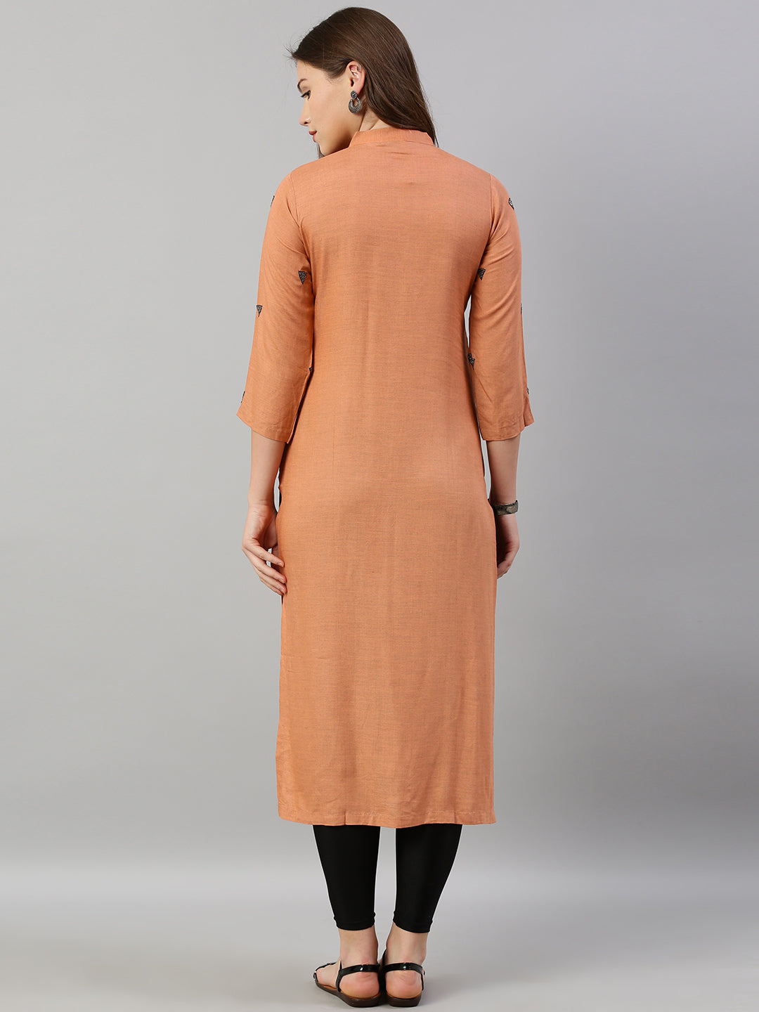 Neerus Orange rayon embroidered straight kurti - detail view 2