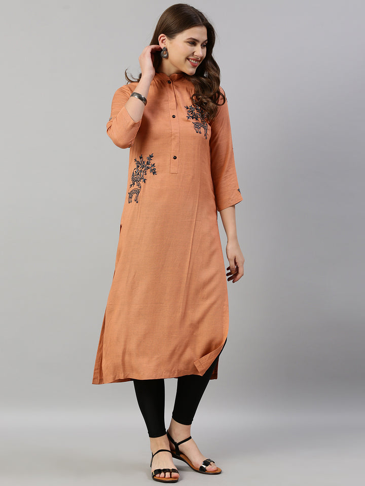 Neerus Orange rayon embroidered straight kurti - detail view 3