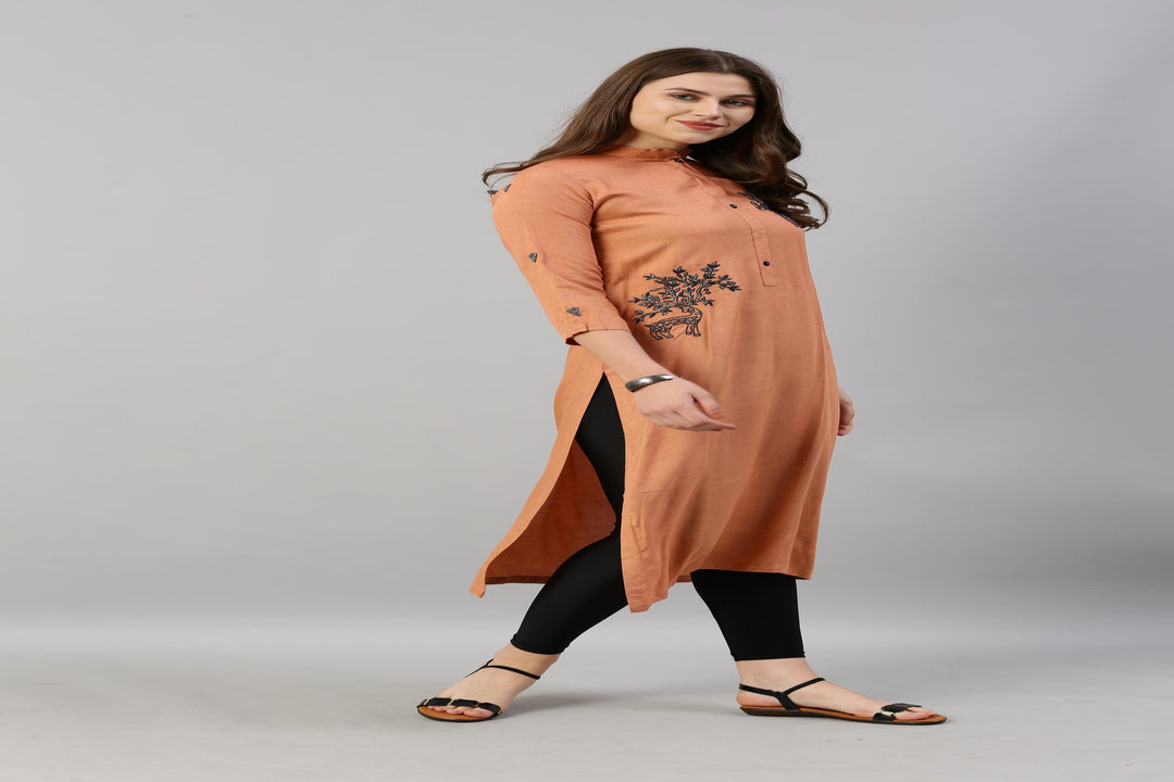 Neerus Orange rayon embroidered straight kurti - detail view 4