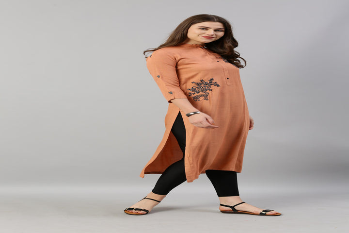Neerus Orange rayon embroidered straight kurti - detail view 4