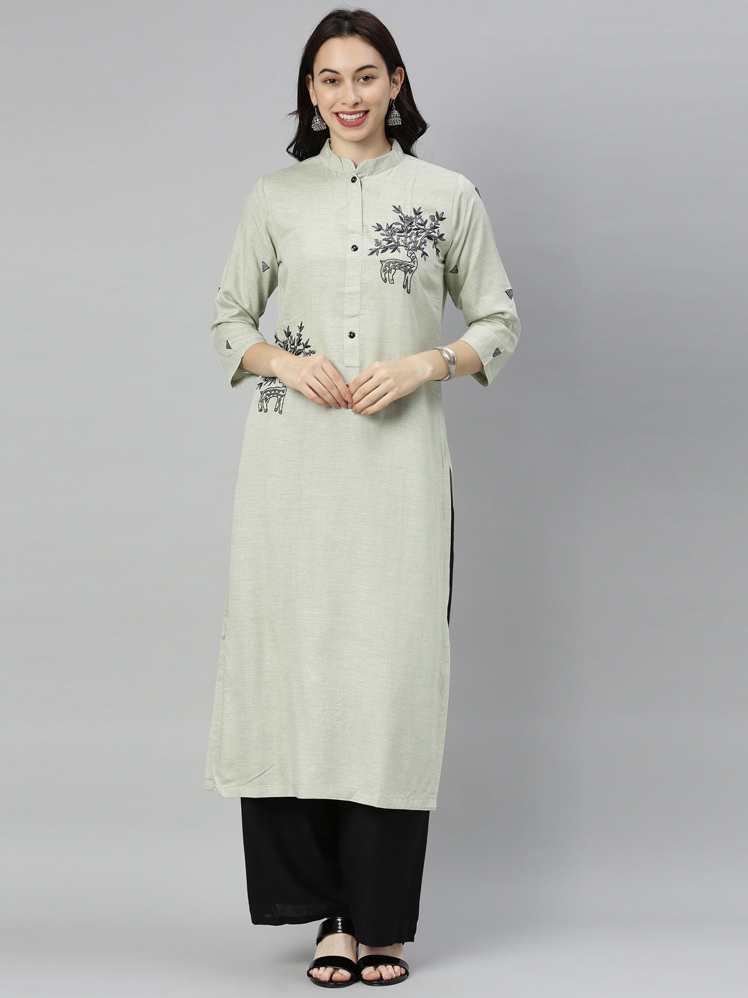 Neerus Green embellished straight kurta - front view