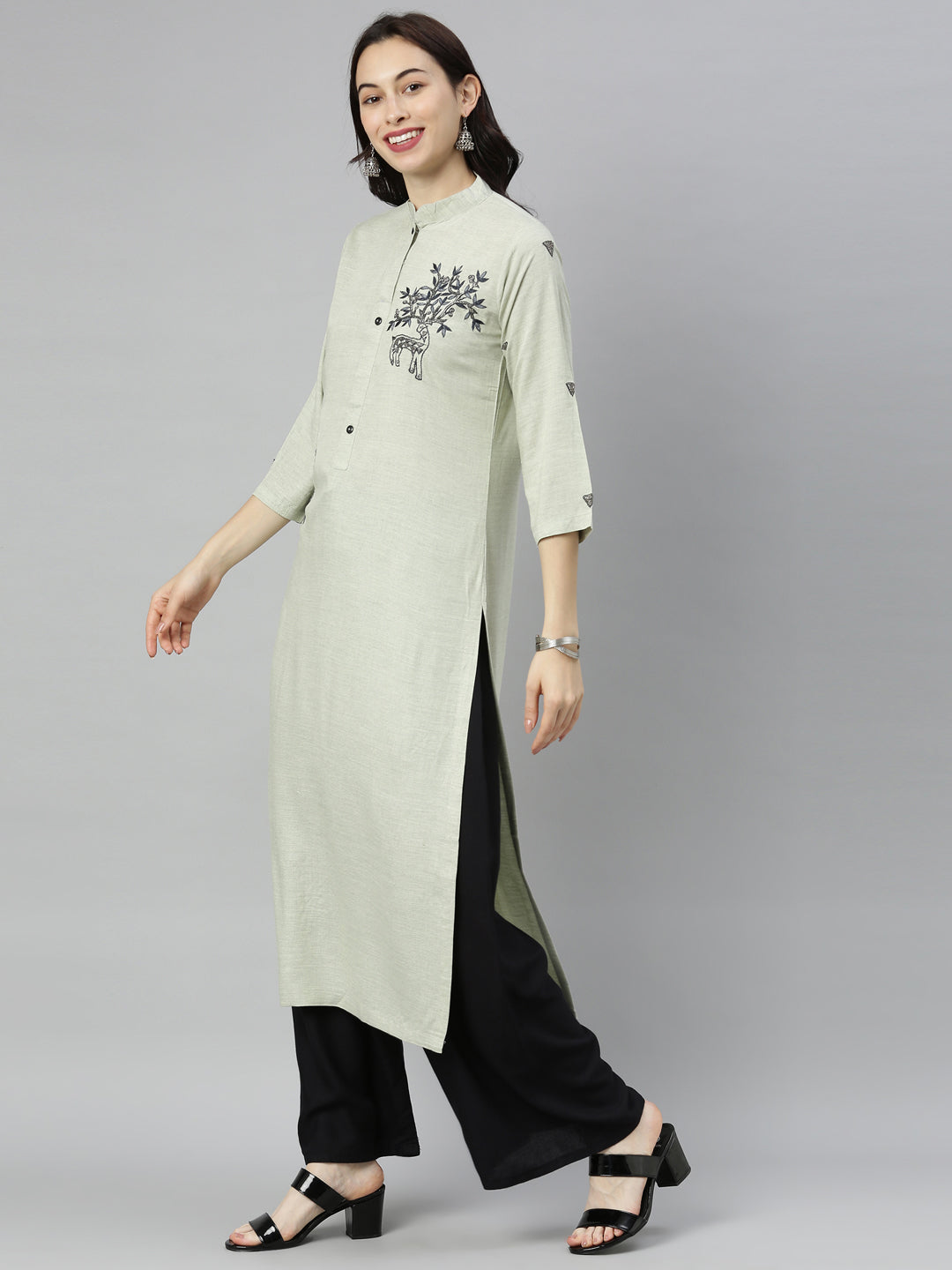 Neerus Green embellished straight kurta - detail view 1
