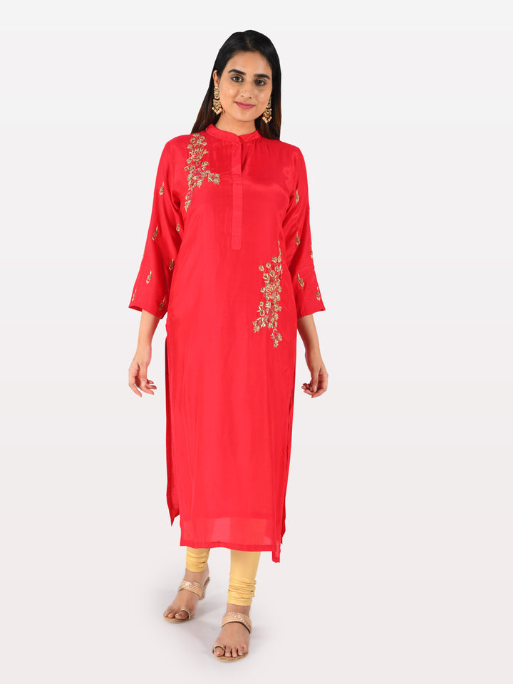 Neerus Red Embroidered Straight Kurta