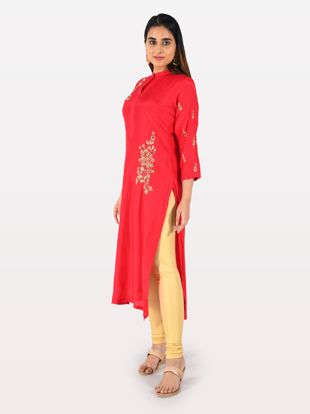Neerus Red Embroidered Straight Kurta