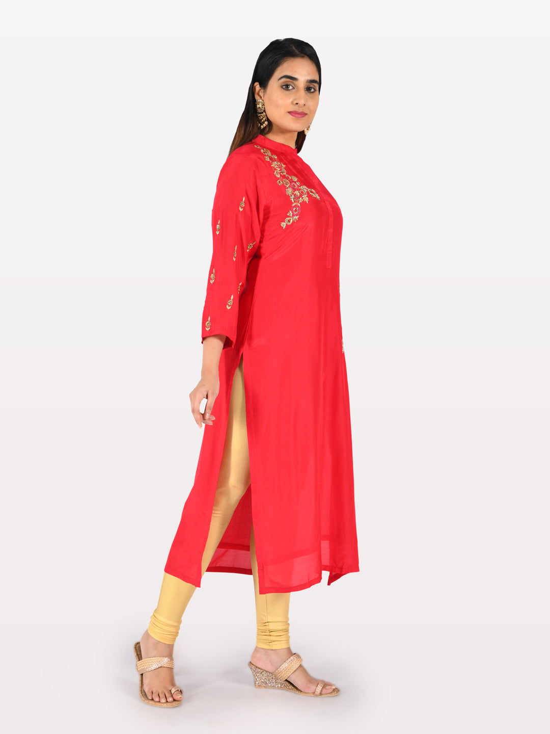 Neerus Red Embroidered Straight Kurta