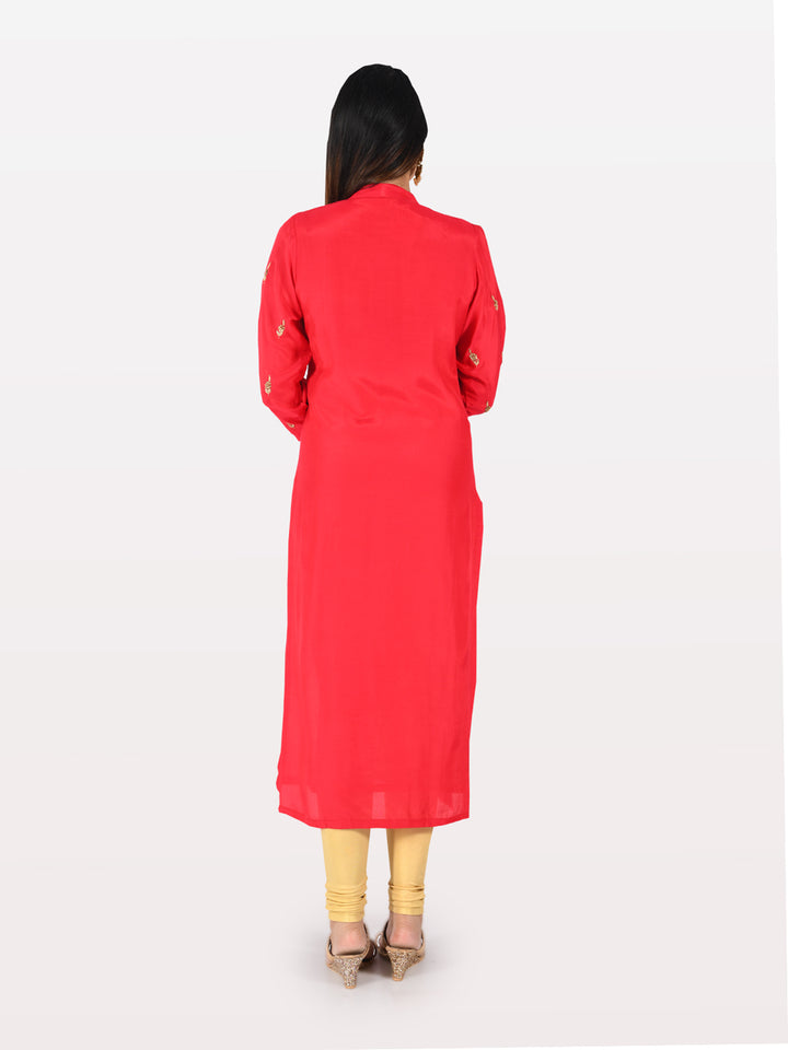 Neerus Red Embroidered Straight Kurta