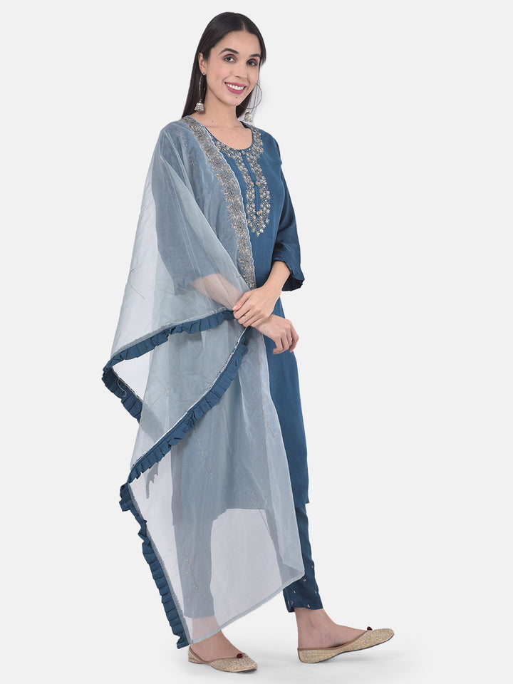 Neerus Blue muslin straight suit set - front view