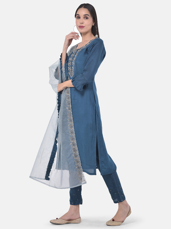 Neerus Blue muslin straight suit set - back view