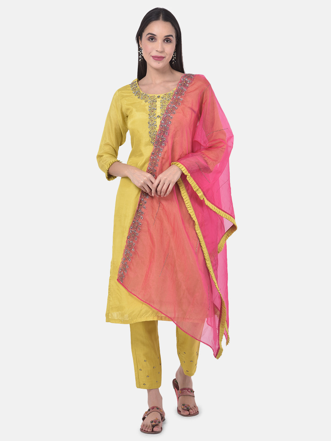 Neerus Yellow Embellished Kurta With Pant & Dupatta